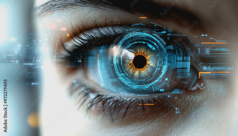 Poster eye interacting with futuristic hud display, biometric data, and digital interface elements