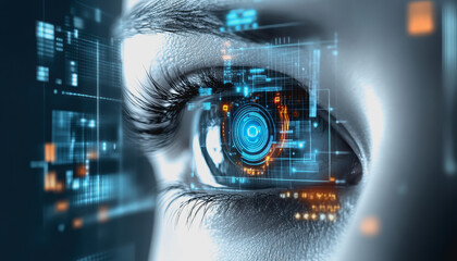 Eye interacting with futuristic HUD display, biometric data, and digital interface elements