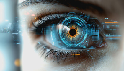 Eye interacting with futuristic HUD display, biometric data, and digital interface elements