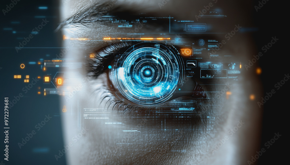 Poster eye interacting with futuristic hud display, biometric data, and digital interface elements
