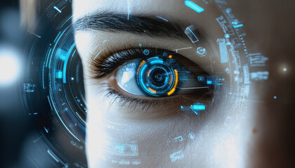 Eye interacting with futuristic HUD display, biometric data, and digital interface elements
