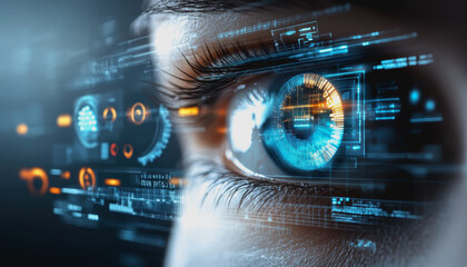 Eye interacting with futuristic HUD display, biometric data, and digital interface elements