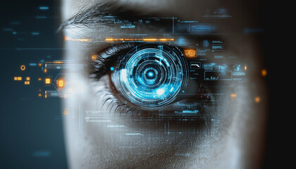 Eye interacting with futuristic HUD display, biometric data, and digital interface elements