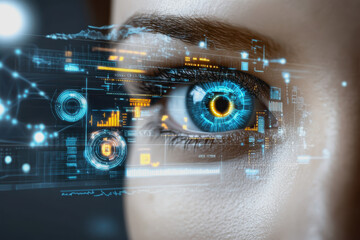 Eye interacting with futuristic HUD display, biometric data, and digital interface elements