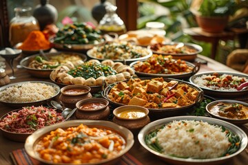 A variety of traditional Indian dishes displayed on a table, showcasing a rich assortment of flavors and vibrant colors, perfect for food blogs, restaurant promotions, or cultural cuisine features.
