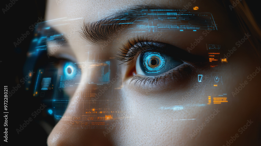 Poster eye interacting with futuristic hud display, biometric data, and digital interface elements