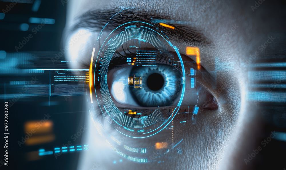 Poster eye interacting with futuristic hud display, biometric data, and digital interface elements