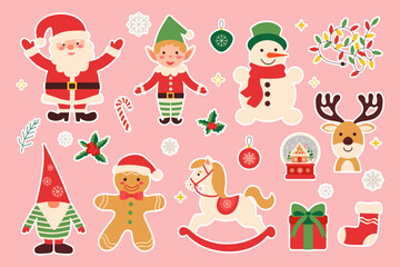 A collection of Christmas-themed stickers featuring Santa Claus, elves, snowmen, reindeer, and other festive characters