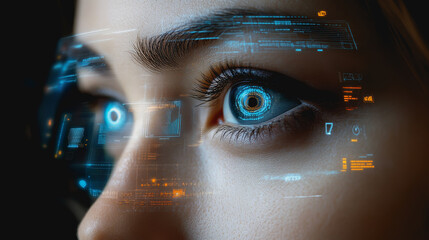Eye interacting with futuristic HUD display, biometric data, and digital interface elements