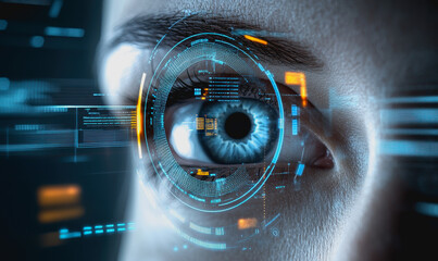 Eye interacting with futuristic HUD display, biometric data, and digital interface elements