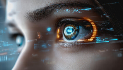 Eye interacting with futuristic HUD display, biometric data, and digital interface elements