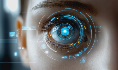 Eye interacting with futuristic HUD display, biometric data, and digital interface elements