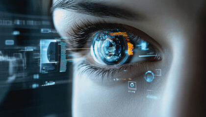 Eye interacting with futuristic HUD display, biometric data, and digital interface elements