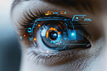 Eye interacting with futuristic HUD display, biometric data, and digital interface elements