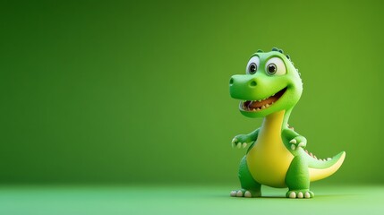 Fototapeta premium A cute cartoon dinosaur with big eyes smiles on a green background.