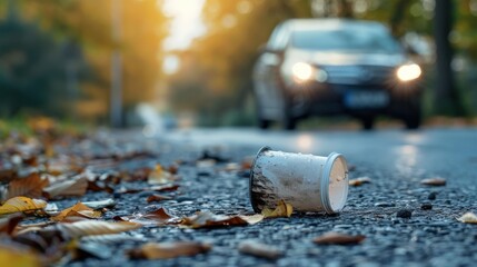 Close up of discarded disposable plastic coffee cup on asphalt road with blurred car on background