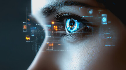 Eye interacting with futuristic HUD display, biometric data, and digital interface elements