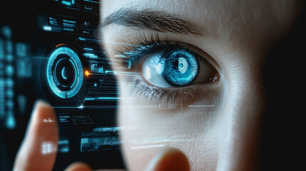 Eye interacting with futuristic HUD display, biometric data, and digital interface elements