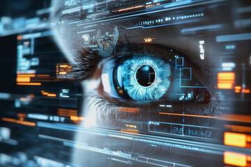 Eye interacting with futuristic HUD display, biometric data, and digital interface elements