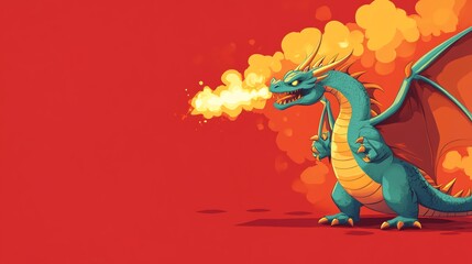 Obraz premium A green dragon with orange wings breathes fire.