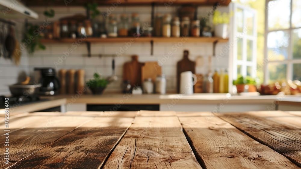 Sticker Wooden Tabletop on Blurry Kitchen Counter Background. Warm and Inviting Home Kitchen Concept