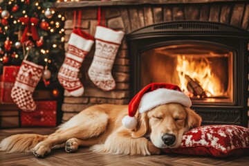 Golden retriever in Santa hat by Christmas fireplace