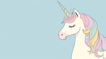 A sweet unicorn with colorful hair and a horn is depicted on a light blue background.