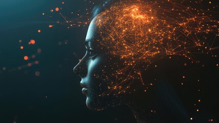 A profile of a woman's face with a burst of digital energy emanating from her head, symbolizing creativity, intelligence, or innovation.