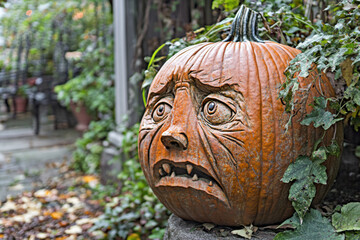Obraz premium Carved pumpkin face on the outdoor, vegetable carving. Halloween concept.