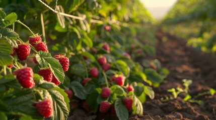 Obraz premium Ripe Raspberries Growing on Bushes in a Summer Garden