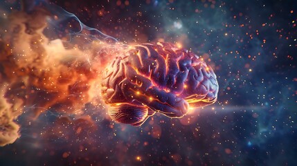 A human brain depicted in a semi-transparent style, with luminous beams of light and sparkling particles emanating from it, symbolizing an explosion of ideas and knowledge spreading into the