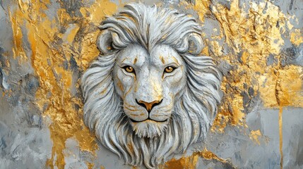 Obraz premium lion's head sculpture in gray and gold tones, showcasing artistry and elegance.