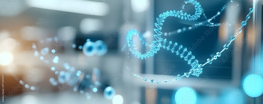 Poster futuristic genomics lab with holographic genome displays - innovative technology illuminates 3d mode