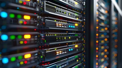Naklejka premium Server Rack Close-Up Data Center Technology Infrastructure