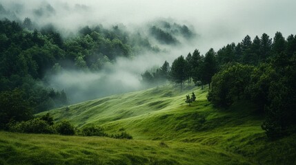 Obraz premium A lush green hillside with a foggy forest in the distance, where the mist clings to the trees.