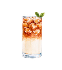 Watercolor dark stormy cocktail illustration. Alcohol long drink clipart. Glass of cocktail. Club shake beverage hand drawn illustration. Stock print.