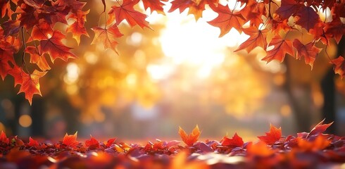 
Autumn background with red and orange leaves at sunset in an autumnal park. Beautiful fall...