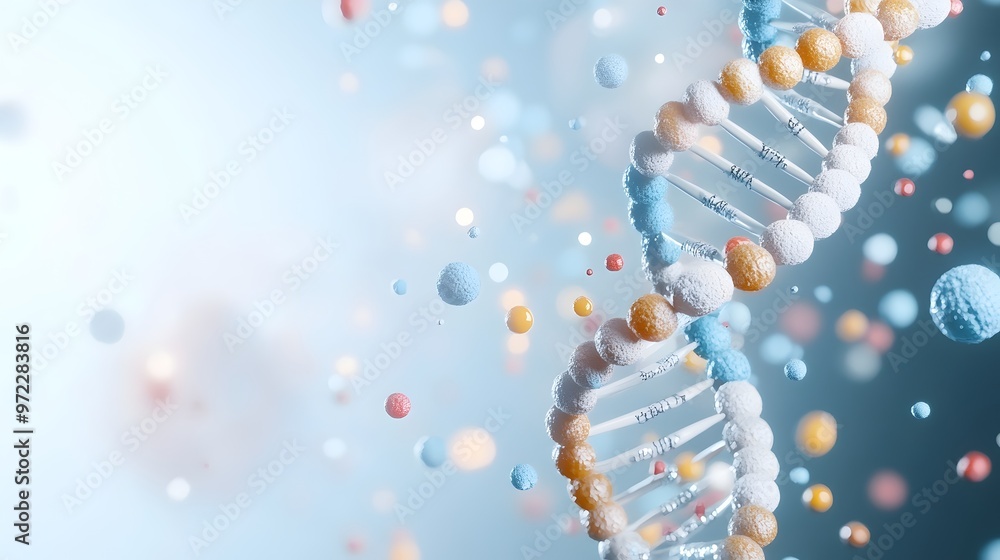 Poster colorful 3d render of interconnected cells and dna - exploring ais impact on genomic analysis and re