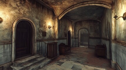 Obraz premium A dimly lit, weathered hallway with doors and old furnishings.
