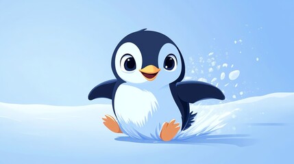 Fototapeta premium A happy cartoon penguin is walking on snow and splashing water.