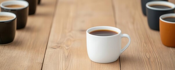 Fototapeta premium Coffee tasting event setup on a sleek teak countertop, with a variety of blends for International Coffee Day, teak countertop, coffee, tasting celebration