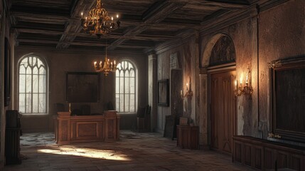 A dimly lit, elegant interior room with ornate details and a wooden reception desk.