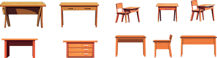 White background with cartoon illustration of office desks. Modern cartoon illustration of wooden tables with drawers and shelves