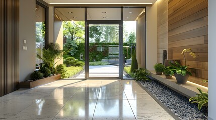 Obraz premium Modern House Entrance with Garden View and Minimalist Design
