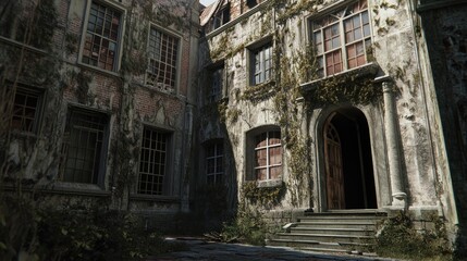 An abandoned, overgrown building with a haunting, neglected atmosphere.