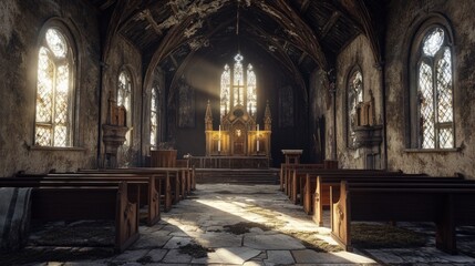 Obraz premium An interior view of an old, weathered church with wooden pews and stained glass windows.