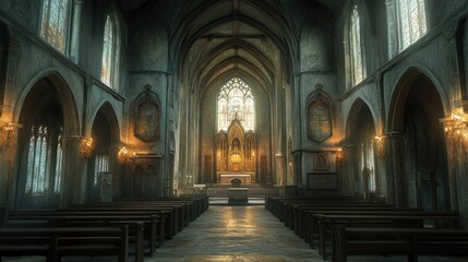 Fototapeta premium A serene interior of a gothic church with stained glass and wooden pews.