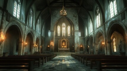 Obraz premium A serene interior of a church featuring stained glass windows and wooden pews.