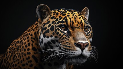 Naklejka premium A close-up of a majestic jaguar, showcasing its vibrant spotted coat and intense gaze against a dark background.