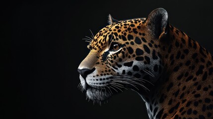 Fototapeta premium A majestic jaguar in profile, showcasing its mesmerizing coat of spots against a dark background.